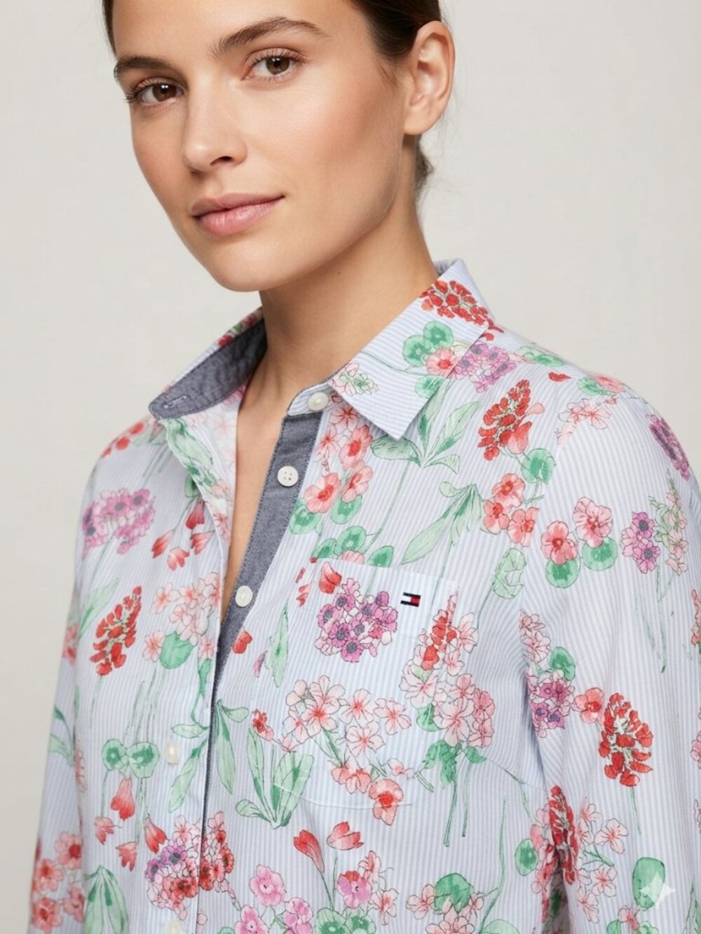 Tommy Hilfiger long-sleeve button down shirt Pinstripes floral print NWOT size L